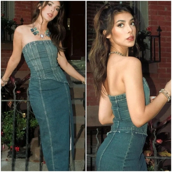 Zara  denim * strapless midi dress slit size XS - Picture 5 of 12